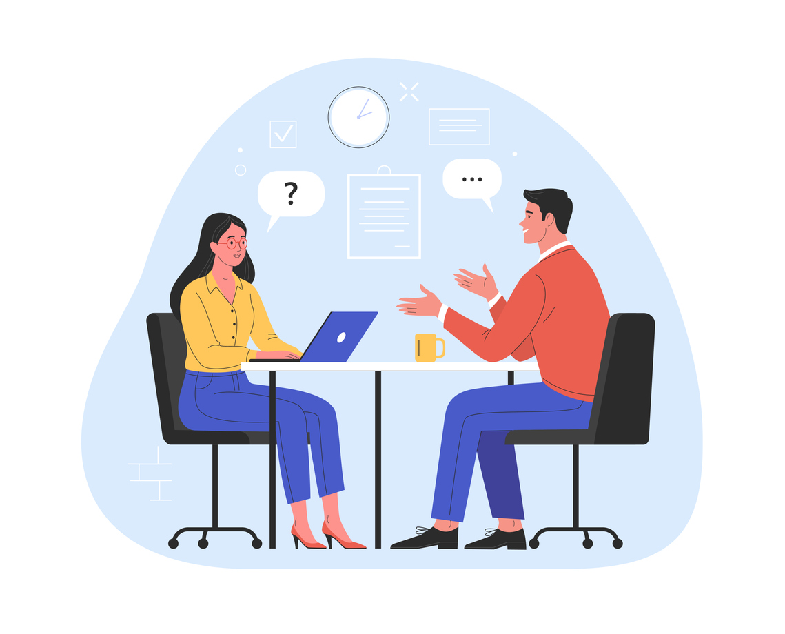 Illustration vectorielle en flat design d'un homme parlant à une jeune femme avec un ordinateur portable, avec un arrière-plan bleu ciel et blanc.