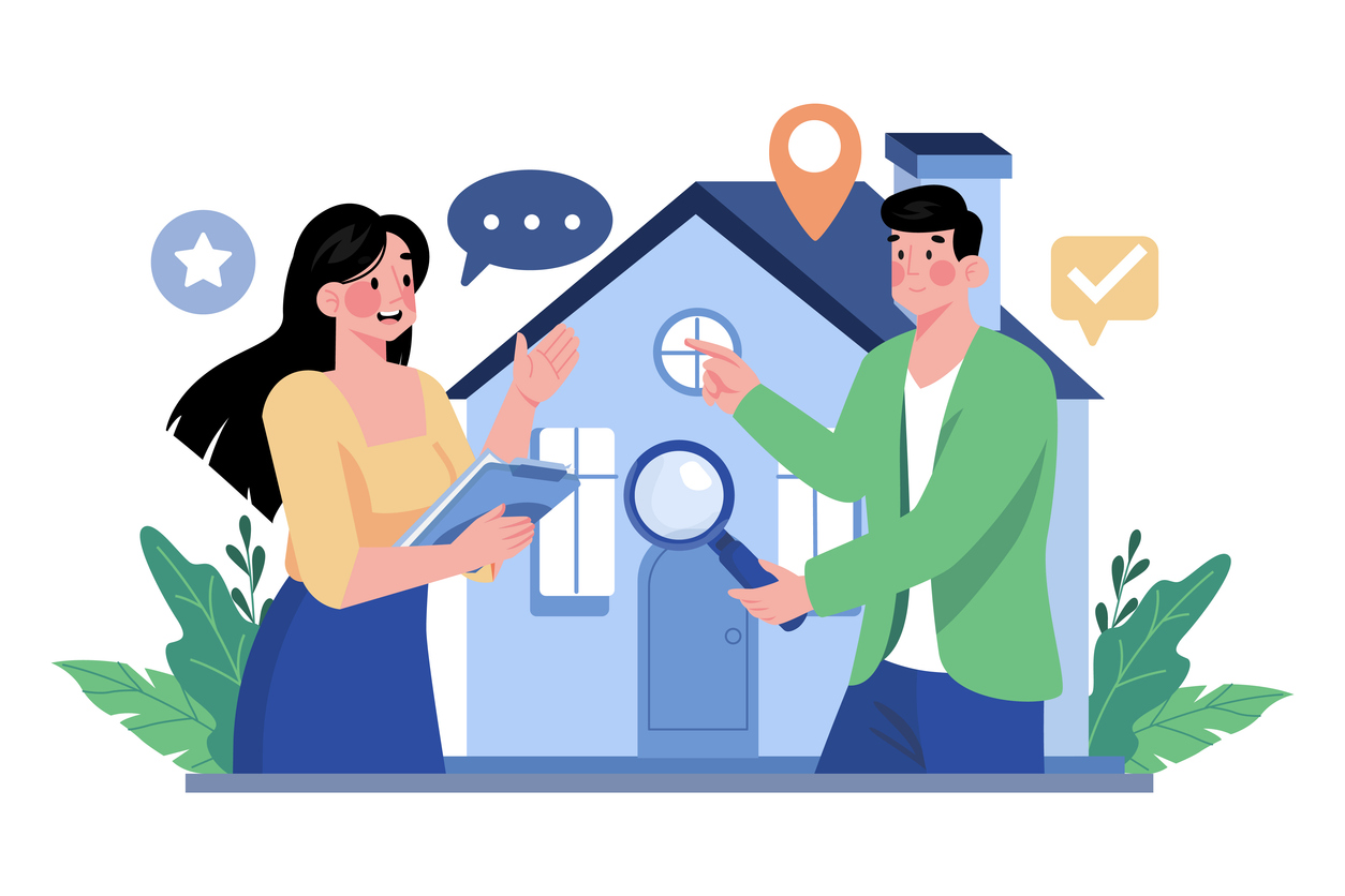 Image en flat design vectoriel avec deux personnes devant une maison.