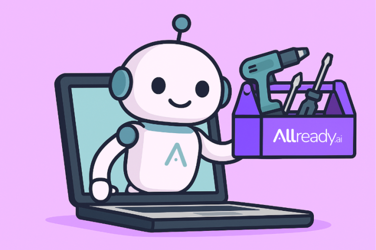 Image en flat design d'un robot tenant une boîte à outils. Il sourit et sort d'un écran d'ordinateur portable. Le fond est violet clair. Il y a le logo d'Allready sur son poitrail et sur la boîte à outils. Image générée sur GPT4o-image et modifiée en interne sur Canva. Utilisée pour l'article de prompts IA ready-to-use.