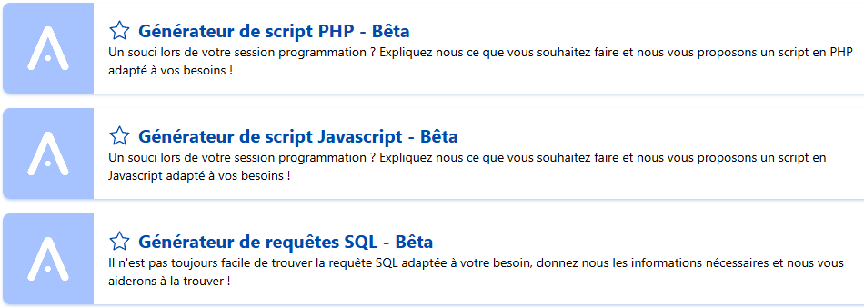 Capture de l'encart de présentation des modèles "Générateur de script PHP / Javascript / requêtes SQL" disponibles sur Allready.