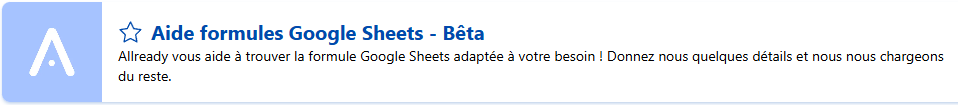 Capture de l'encart de présentation du modèle "Aide formules Google Sheets" disponible sur Allready.