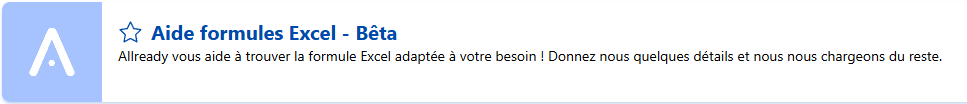 Capture de l'encart de présentation du modèle "Aide formules Excel" disponible sur Allready. Utilisée pour l'article "Prompts IA ready-to-use".
