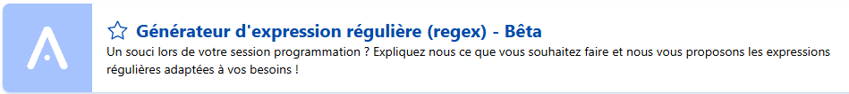 Capture de l'encart de présentation du modèle "Générateur d'expression régulière" disponible sur Allready. Utilisée pour l'article "Prompts IA ready-to-use".