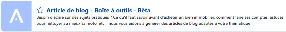 Capture de l'encart de présentation du modèle "Article de blog - Boîte à outils" disponible sur Allready. Utilisée pour l'article "Prompts IA ready-to-use".