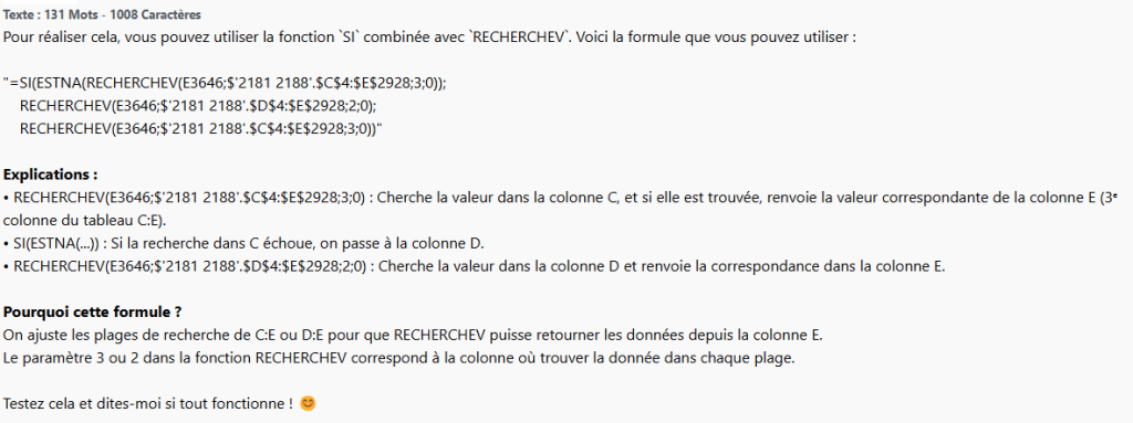 Zoom sur une génération de formule Excel personnalisée à partir du modèle disponible sur Allready.