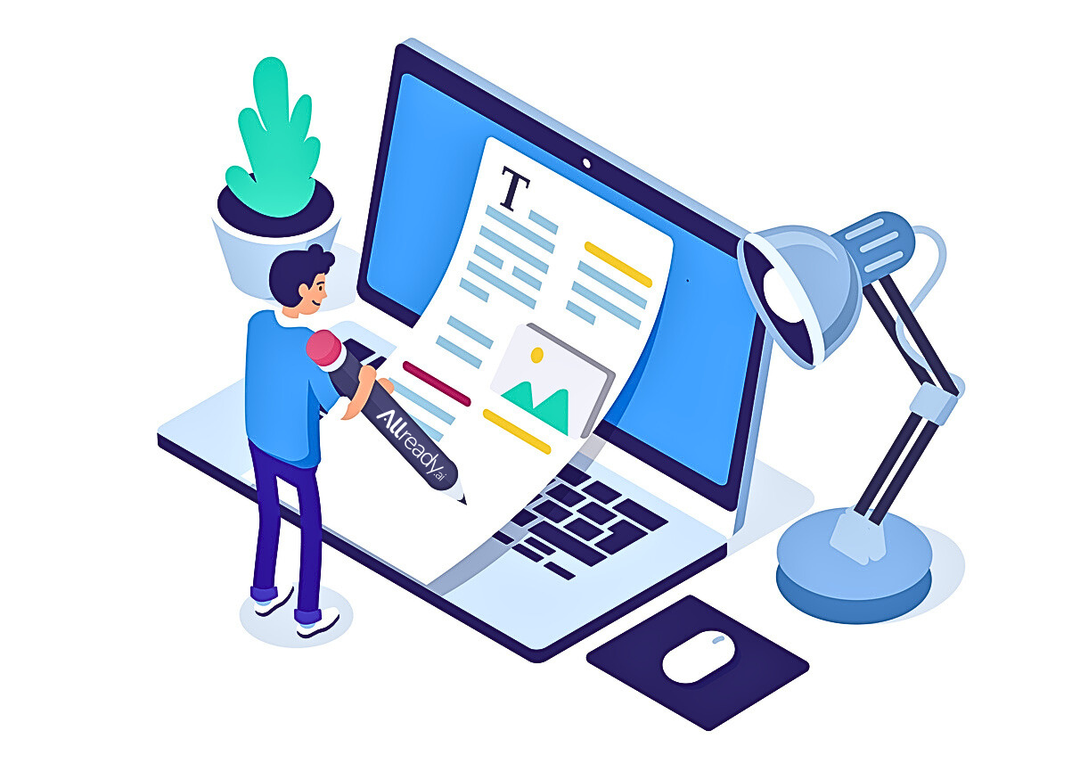 Image d'illustration pour l'article sur les modèles Allready consacrés à la rédaction et à la révision des textes et articles. Photo IStock par Irina_Strelnikova et modifiée en interne pour ajouter le logo Allready. L'image est une illustration en flat design vectoriel et montre un homme miniature tenant un crayon sur lequel est inscrit "Allready.ai". Il écrit un article devant un immense ordinateur portable.