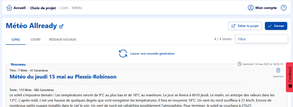 Interface Allready avec les différents formats disponibles à la génération