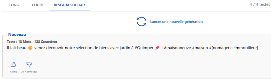 Zoom sur une génération du modèle Allready Météo - Texte réseaux sociaux