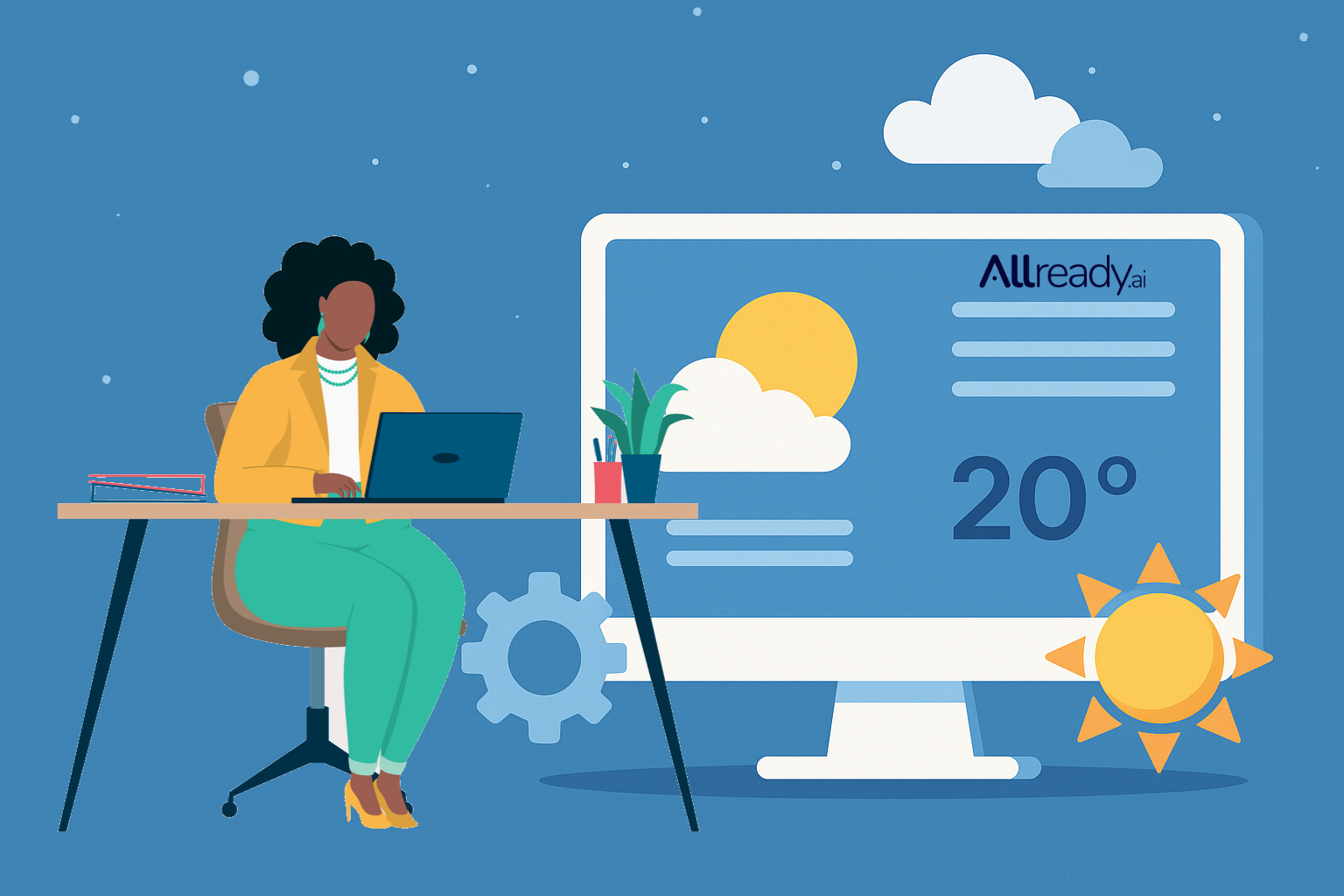 Image d'illustration de l'article météo en flat design. Un grand écran de PC affiche des bulletins météo sur le web avec le logo "Allready", et à gauche, une femme travaille à son bureau et représente les rédacteurs.