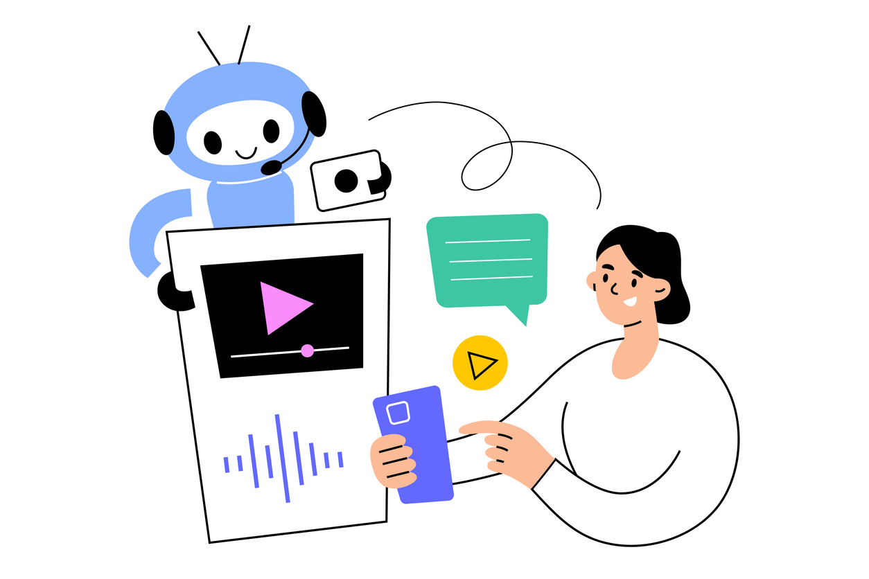 Un robot aide une personne à gérer du contenu vidéo. Les vidéos sont boostées à l'IA grâce à Allready.